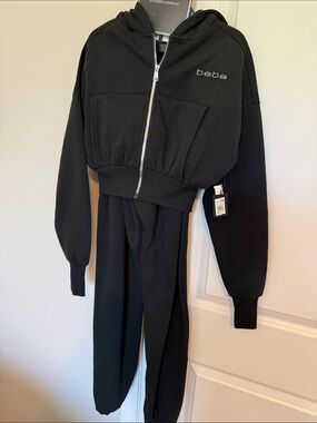 bebe Black Rhinestone Logo Crop Hoodie & Joggers Set